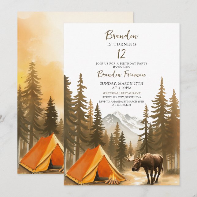Invitation Aquarelle Blanc Rustique Bois Camping Anniversaire (Devant / Derrière)
