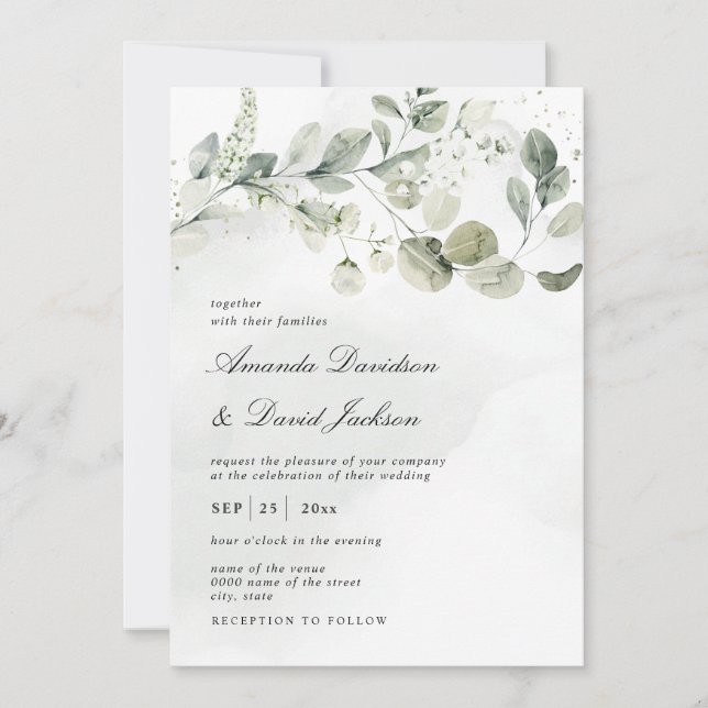 Invitation Aquarelle Blanc Vert Folithe Eucalyptus Mariage (Devant)
