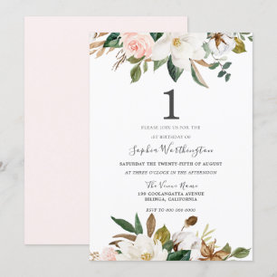 Invitation Aquarelle blanche et blanche Floral 1er anniversai