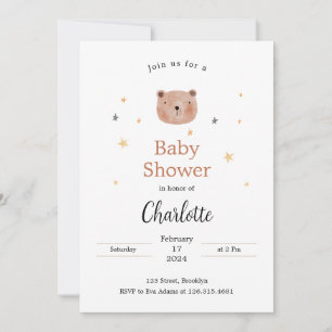 Invitation Aquarelle blanche et Brown Baby shower mignon