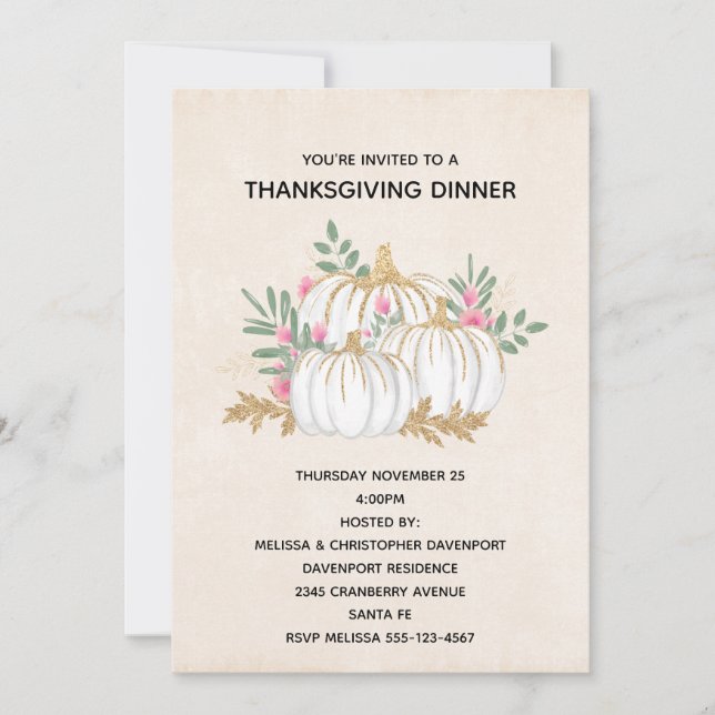 Invitation Aquarelle blanche et or Citrouilles Thanksgiving I (Devant)