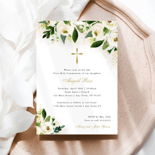 Invitation Aquarelle blanche et or Floral Croix religieuse