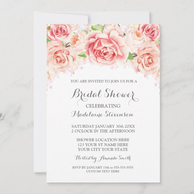 Invitation Aquarelle blanche Floral Rose Fête des mariées (Dos)
