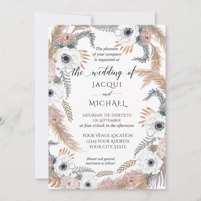 Invitation Aquarelle blanche Florale BOHO Pampas Grass Tropic (Devant)