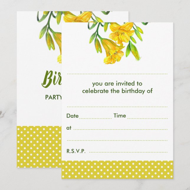 Invitation Aquarelle blanche Jaune Lys Jaune Pois (Devant / Derrière)