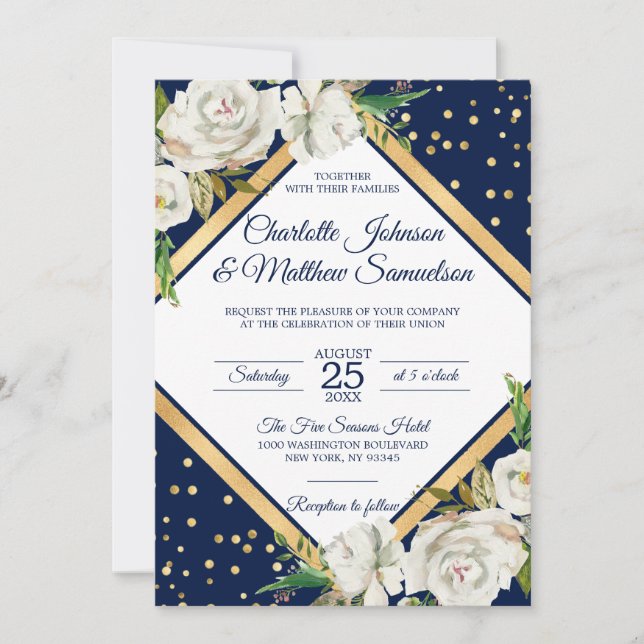 Invitation Aquarelle blanche Marine bleu or Mariage Floral (Devant)
