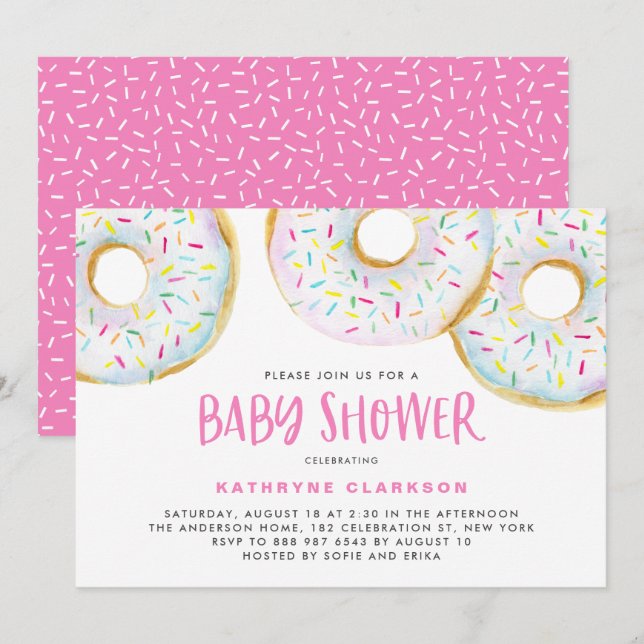 Invitation Aquarelle blanche mignonne Donuts Baby shower fill (Devant / Derrière)