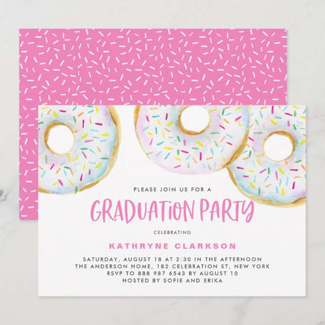 Invitation Aquarelle blanche mignonne Donuts Graduation Party (Devant / Derrière)