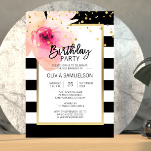 Invitation Aquarelle blanche noire rose Floral fête d'anniver