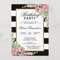 Aquarelle blanche noire rose Floral fête d'anniver