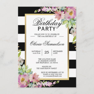 Invitation Aquarelle blanche noire rose Floral fête d'anniver