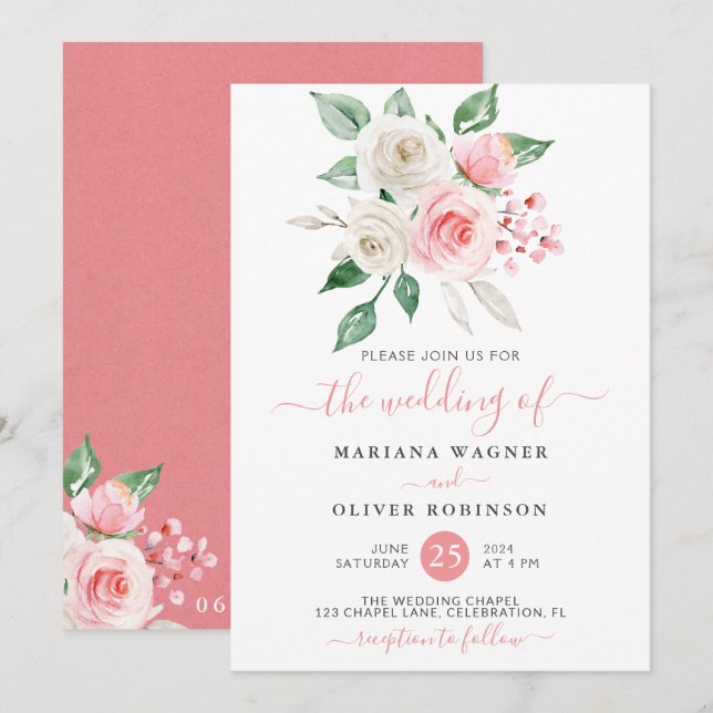 Invitation Aquarelle blanche rose moderne Mariage floral (Devant / Derrière)