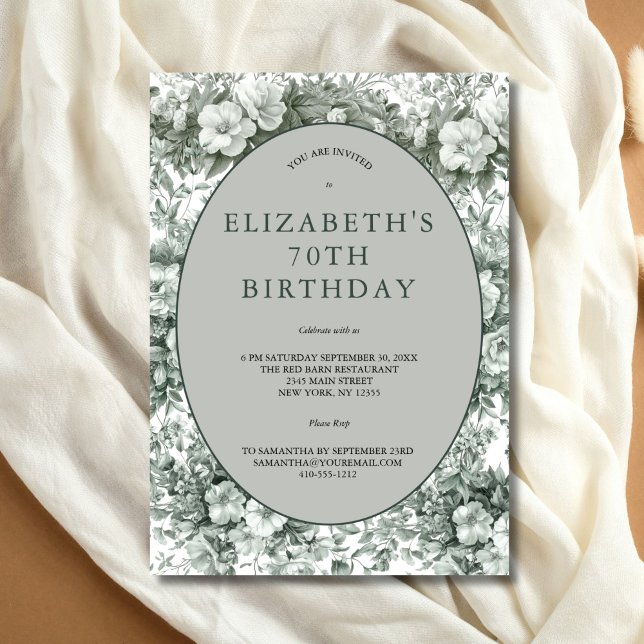 Invitation Aquarelle blanche verte en toile florale 70e anniv (Elegant Green Toile Floral 70th Birthday party invitation. Printed or Instant digital download)