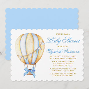 Invitation Aquarelle Bleu à air chaud Baby shower à baudrier