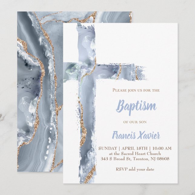 Invitation aquarelle bleu agate cross Baptême (Devant / Derrière)