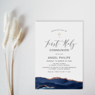 Invitation aquarelle bleu agate script première communion