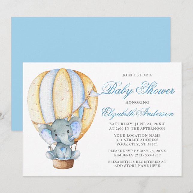 Invitation Aquarelle Bleu Air Balloon Eléphant Baby shower (Devant / Derrière)