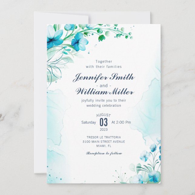Invitation Aquarelle bleu Aqua Mariage Floral (Devant)