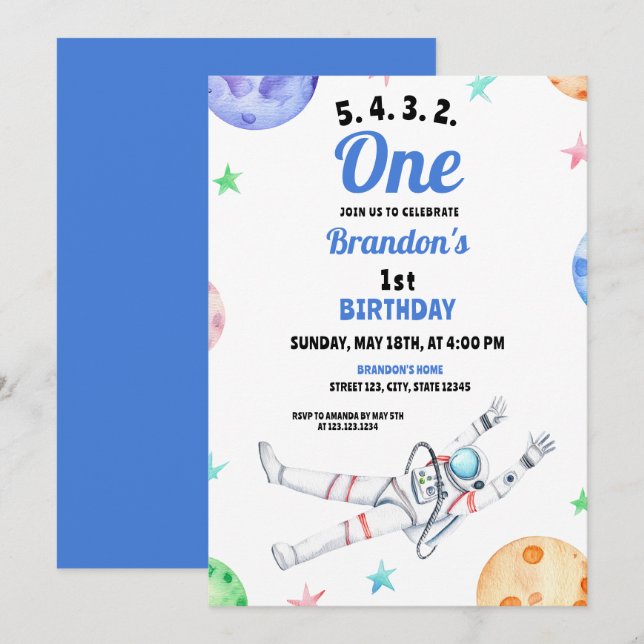 Invitation Aquarelle bleu Astronaut Baby 1er anniversaire (Devant / Derrière)