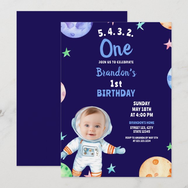 Invitation Aquarelle bleu Astronaut Baby Photo 1er anniversai (Devant / Derrière)