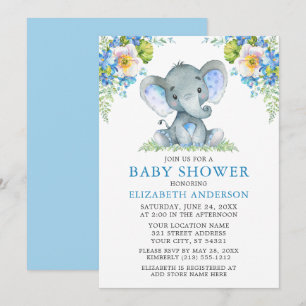Invitation Aquarelle bleu Baby shower d'éléphant floral