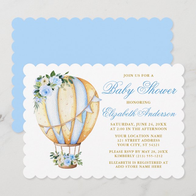 Invitation Aquarelle bleu Baby shower Floral Air Balloon (Devant / Derrière)