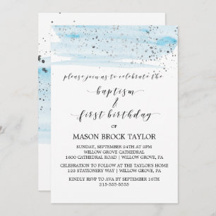 Invitation Aquarelle Bleu & Baptême Argent & 1er anniversaire