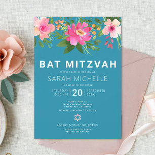 Invitation Aquarelle bleu bat mitzvah Floral Moderne Simple