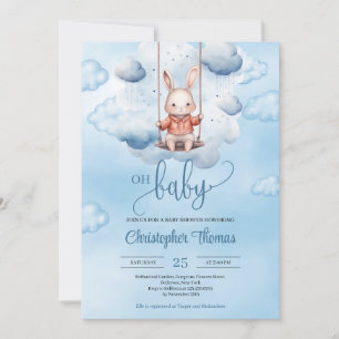 Invitation Aquarelle bleu bébé lapin sur balançoire dans le c