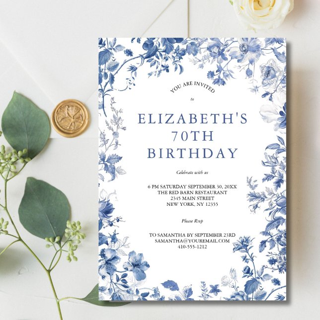 Invitation Aquarelle bleu blanc bleu bleu bleu bleu bleu bleu (Blue White Floral Toile Elegant 70th Birthday party invitation for her. Printed or Digital Download)