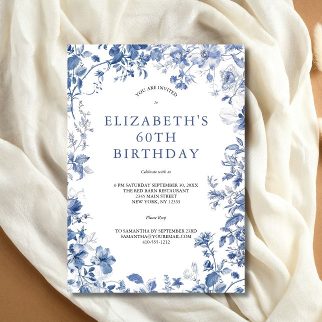 Invitation Aquarelle bleu blanc bleu bleu bleu bleu bleu flor (Elegant Blue White Floral Toile 60th Birthday Invitation for her. Printed or Instant digital downloa)