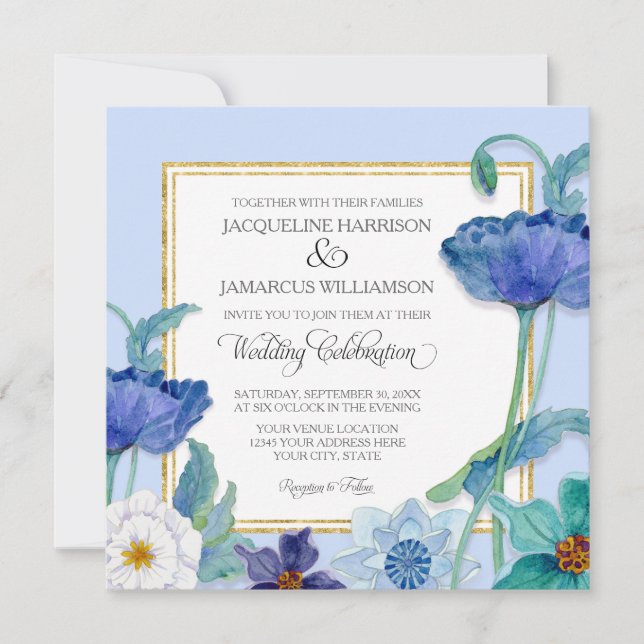 Invitation Aquarelle bleu blanc de Periwinkkel Feuilles de pa (Devant)