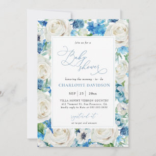 Invitation Aquarelle Bleu Blanc Floral Baby shower garçon 