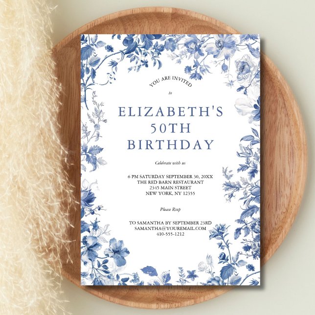 Invitation Aquarelle bleu blanc floral Toile 50e anniversaire (Blue White Floral Toile Watercolor Elegant 50th birthday invitation for her. Printed or Digital)