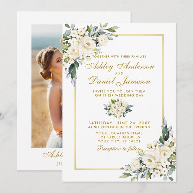 Invitation Aquarelle bleu bleu bleu bleu blanc Mariage photo (Devant / Derrière)