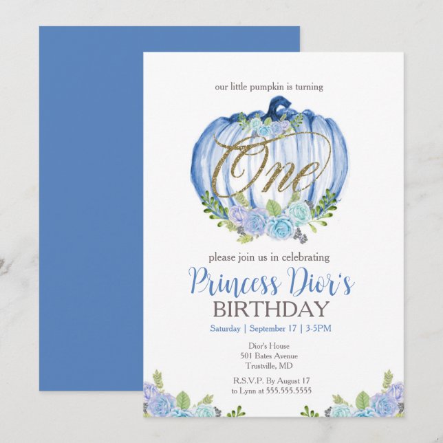Invitation Aquarelle bleu bleu Citrouille 1er anniversaire (Devant / Derrière)