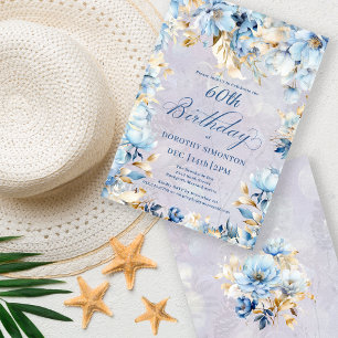 Invitation Aquarelle bleu-bleu clair Floral 60e anniversaire