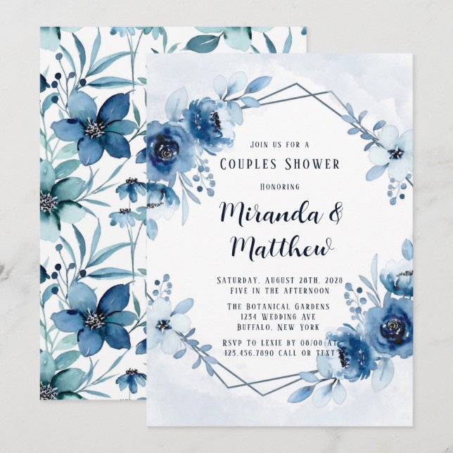 Invitation Aquarelle bleu bleu Dusty Marine Couples Floral Do (Devant / Derrière)