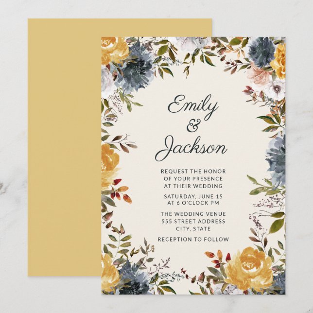 Invitation Aquarelle bleu bleu marine mignonne Mariage floral (Devant / Derrière)