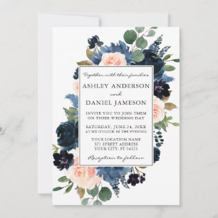 Invitation Aquarelle bleu bleu rose rose Mariage de cadre