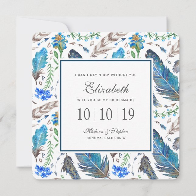Invitation Aquarelle bleu Boho Aztec - Bridesmaid (Devant)