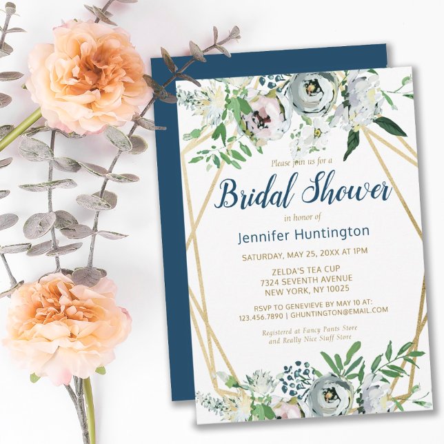 Invitation Aquarelle bleu Boho Floral (ELEGANT BLUE BOHO WHITE FLORAL BRIDAL SHOWER INVITATION
)