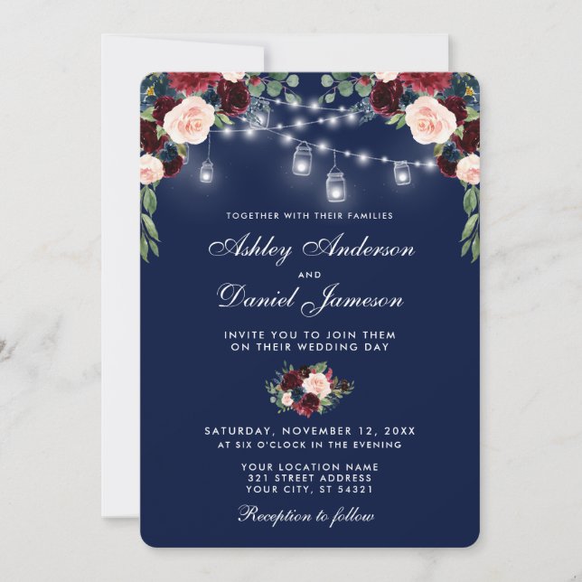 Invitation Aquarelle Bleu Bourgogne Floral Lumières Mariage W (Devant)