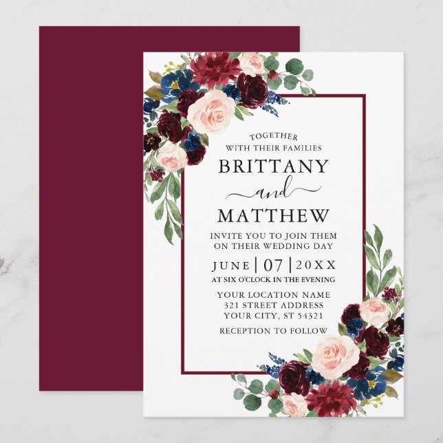 Invitation Aquarelle bleu Bourgogne Mariage floral mixte (Devant / Derrière)