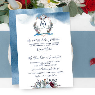 Invitation Aquarelle Bleu Bourgogne Violet Floral et Cimier