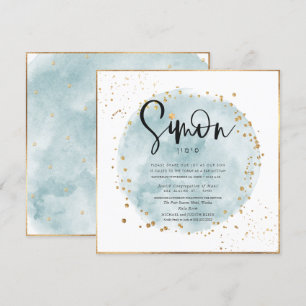 Invitation Aquarelle bleu brossé Gold Confetti Bar Mitzvah