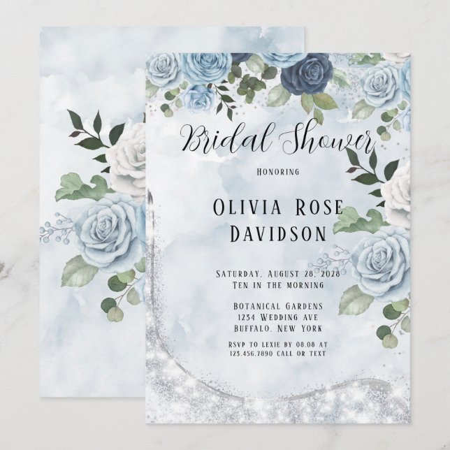 Invitation Aquarelle bleu chic Dusty Fête des mariées florale (Devant / Derrière)