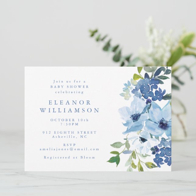 Invitation Aquarelle bleu clair chic Baby shower floral mou (Debout devant)