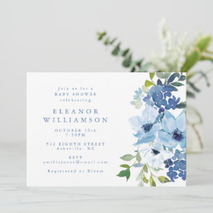 Invitation Aquarelle bleu clair chic Baby shower floral mou