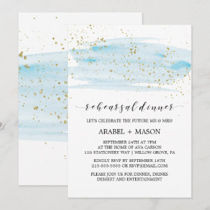 Invitation Aquarelle Bleu clair et Dîner de répétition d'or